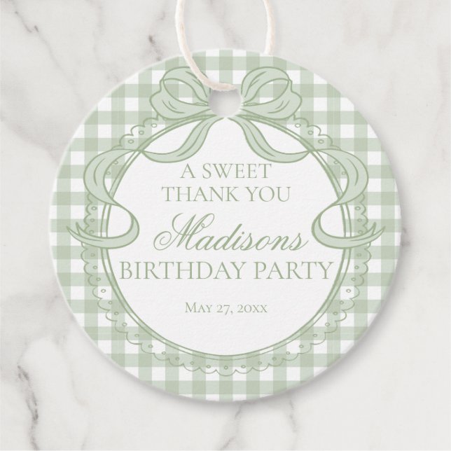 Étiquettes Cadeau Vert Gingham Coquette Nœud Fête d'Anniversaire Cer (Devant)