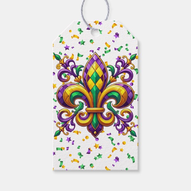 Étiquettes-cadeau Vert jaune pourpre Mardi Gras fleur de lis (Devant)