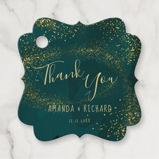 Étiquettes Cadeau Vert & or, Merci Mariage de Noël (Devant)