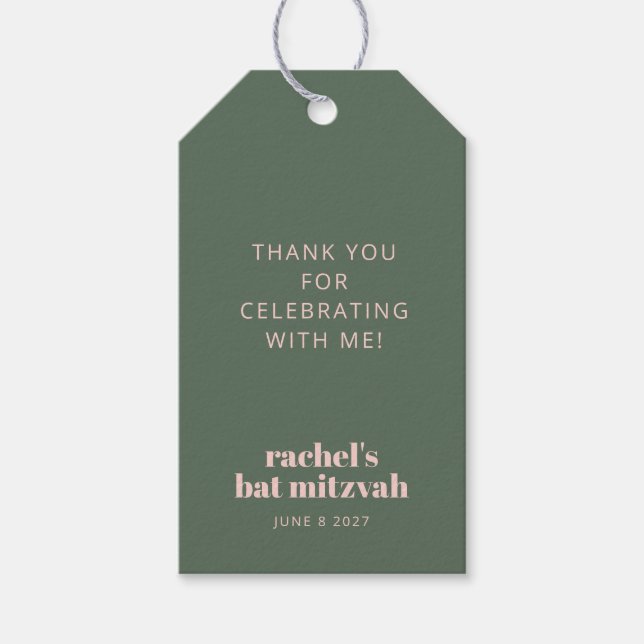 Étiquettes-cadeau Vert sage rose clair moderne Bat Mitzvah (Devant)