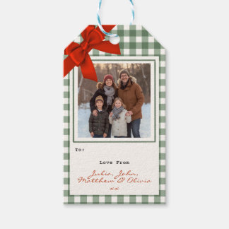 Étiquettes-cadeau Vert sauge Gingham Carreaux Photo Noël
