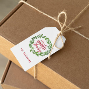 Étiquettes-cadeau Verte aquarelle couronne vacances les plus heureus