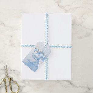 Étiquettes-cadeau Vêtements de nounours bleu pour bébé sur un fil à
