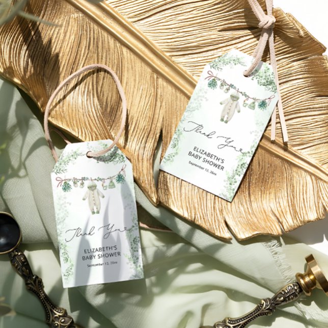 Étiquettes-cadeau Vêtements pour bébés Merci Baby shower vert (Créateur téléchargé)