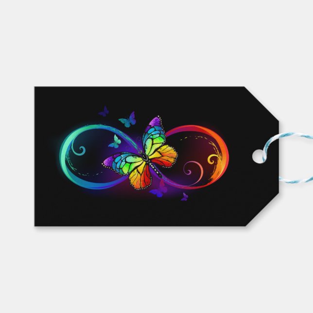 Étiquettes-cadeau Vibrant infinity with rainbow butterfly on black (Devant (Horizontal))