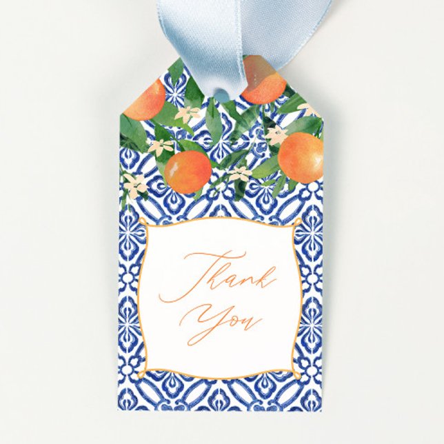 Étiquettes-cadeau Vibrant Oranges Citrus Classic Carreaux Bleus Mari (Positano oranges blue and white tiles wedding shower favor tags)