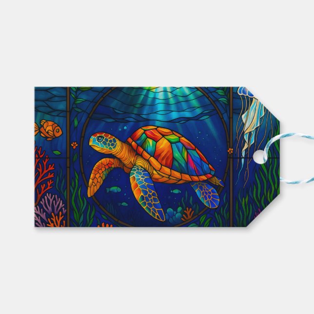 Étiquettes-cadeau Vibrant Stained Glass Sea Turtle Ocean Design (Devant (Horizontal))
