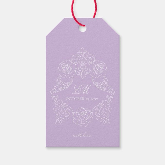 Étiquettes-cadeau Victorian Crest Monogram Purple Wedding (Devant)