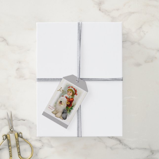 Étiquettes-cadeau Vieux Noël anglais Sheepdog Vintage (Avec de la ficelle)