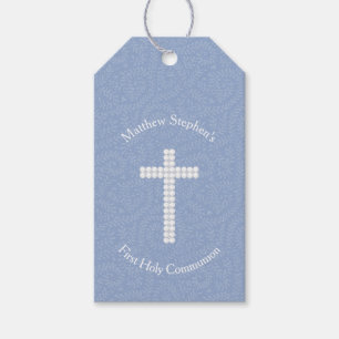 Étiquettes-cadeau Vignes et rayures bleues de communion