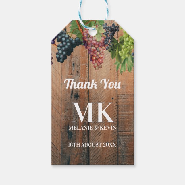 Étiquettes-cadeau Vignoble rustique Bois et raisins Monogramme Maria (Devant)