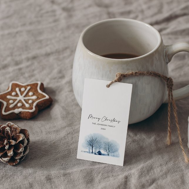 Étiquettes-cadeau Village d'hiver bleu Noël Paysage rustique (Créateur téléchargé)