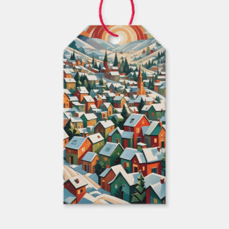 Étiquettes-cadeau village d'hiver sous la neige vintage