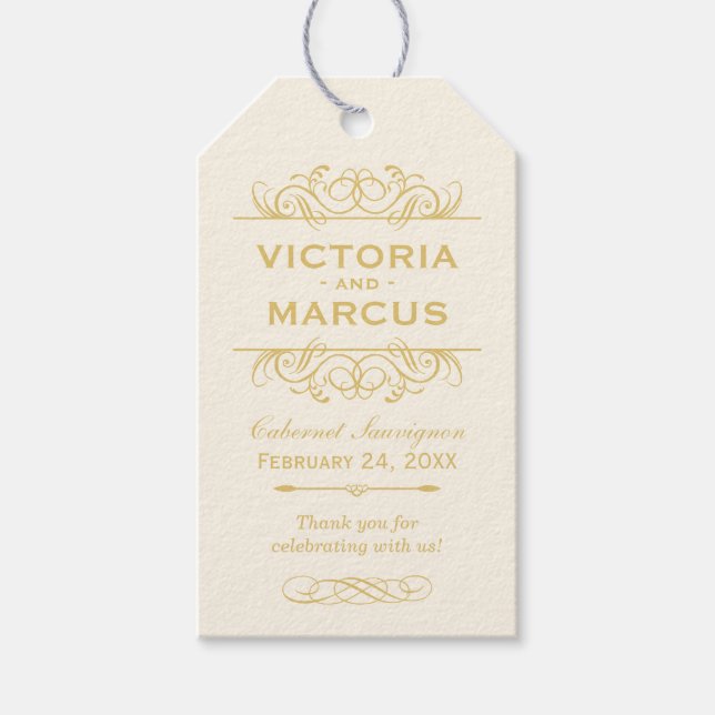 Étiquettes-cadeau Vin ivoire et or Mariage bouteille Monogramme (Devant)