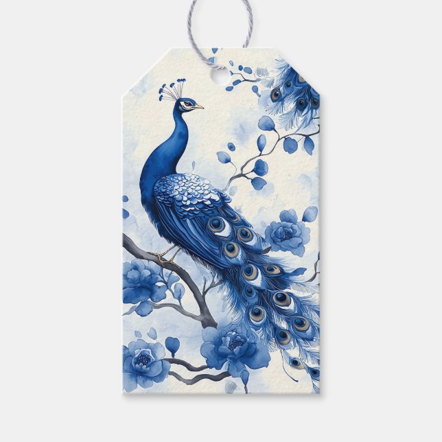 Étiquettes-cadeau Vintage bleu français Chinoiserie Aquarelle Peacoc (Devant)