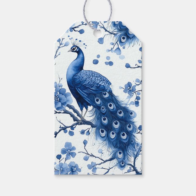 Étiquettes-cadeau Vintage bleu français Chinoiserie Peacock Aquarell (Devant)