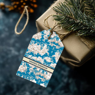 Étiquettes-cadeau Vintage bleu turquoise toile de jouy monogramme