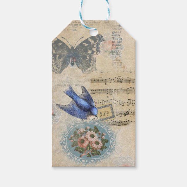 Étiquettes-cadeau Vintage Blue Floral Bird Collectionner (Devant)