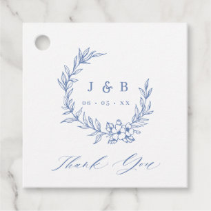 Étiquettes Cadeau Vintage Blue Floral Wreath Monogramme Mariage