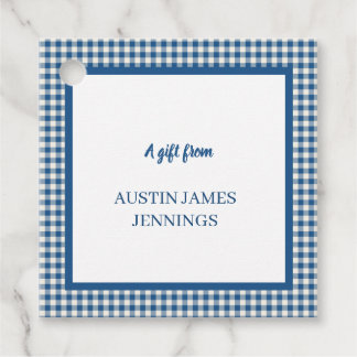 Étiquettes Cadeau Vintage Blue Gingham with Personalized Name