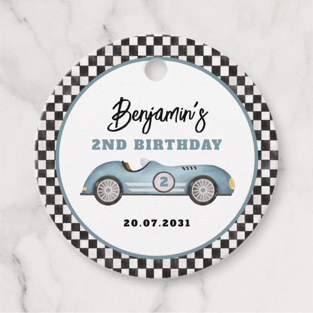 Étiquettes Cadeau Vintage Blue Race Car Deux Fast Boy Anniversaire (Devant)
