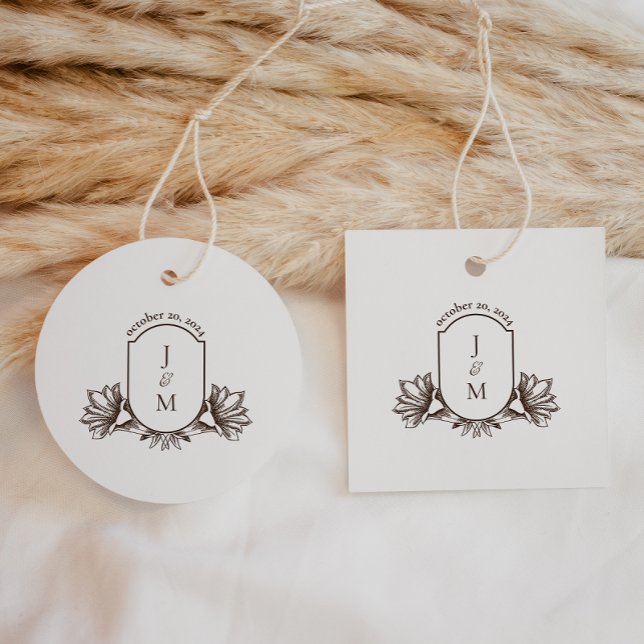 Étiquettes Cadeau Vintage Botanique Monogram Crest Classic Round (Créateur téléchargé)