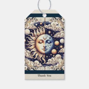 Étiquettes-cadeau Vintage Céleste Demi Soleil & Lune Bleu Jaune