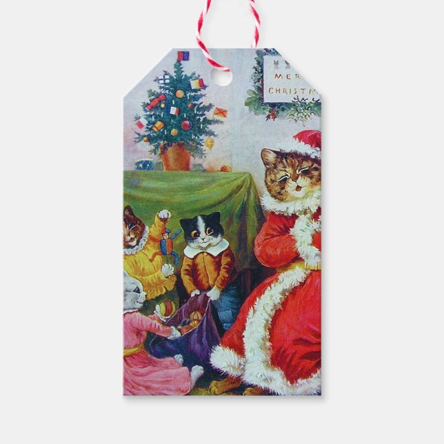 Étiquettes-cadeau Vintage Chat Noël, Louis Wain (Devant)