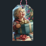 Étiquettes-cadeau Vintage Christmas Eve Joie de et vers<br><div class="desc">A et de l'étiquette cadeau. Un gentil petit garçon ouvrant un cadeau la veille de Noël avec un grand sourire. Un joli sapin de Noël aux ornements antiques dorés et rouges.</div>