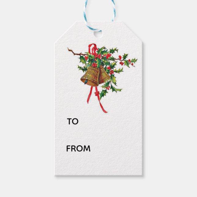 Étiquettes-cadeau Vintage cloches de Noël avec Holly (Devant)
