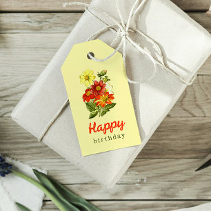 Étiquettes-cadeau Vintage Dahlia Floral Jaune Orange Anniversaire