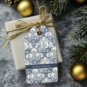 Étiquettes-cadeau Vintage damas à fleurs Bleu toile de jouy monogram