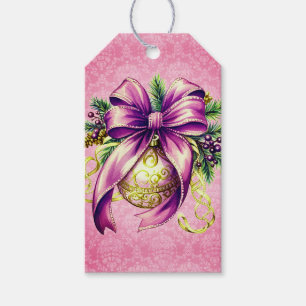 Étiquettes-cadeau Vintage Damask Purple Pink Ornements Noël