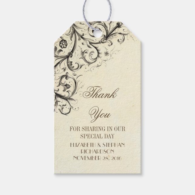 Étiquettes-cadeau Vintage fleurit élégant Merci de mariage (Devant)