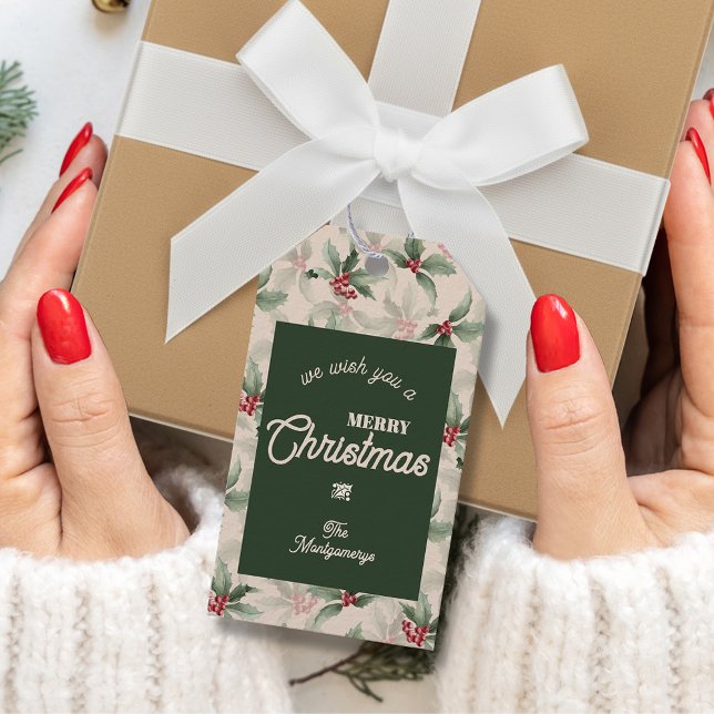 Étiquettes-cadeau Vintage Holly et Berries Joyeux Noël (Vintage holly and berries Merry Christmas favor gift tags)