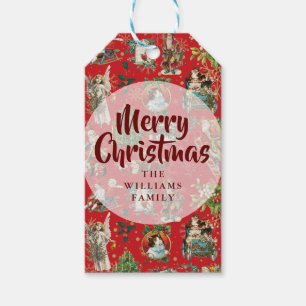 Étiquettes-cadeau Vintage Joyeux Noël Nom de Famille Rouge Festif