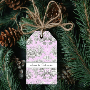 Étiquettes-cadeau Vintage lac fleuri rose toile de jouy monogramme