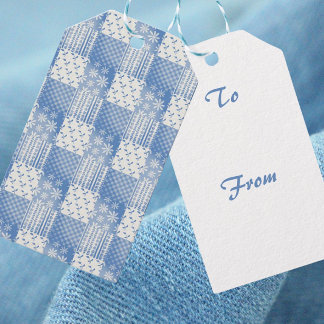 Étiquettes-cadeau Vintage Look Denim Blue Creamy White Patchwork 