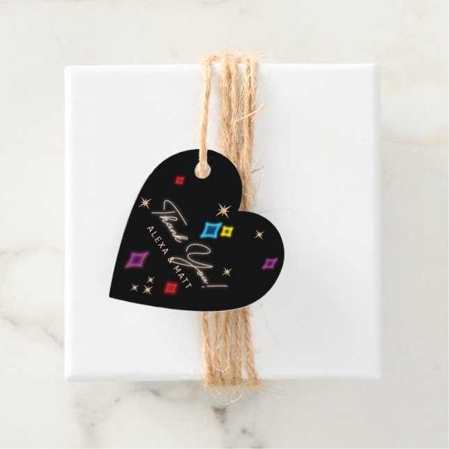 Étiquettes Cadeau Vintage Neon Stars Vegas Mariage Merci (En situation)