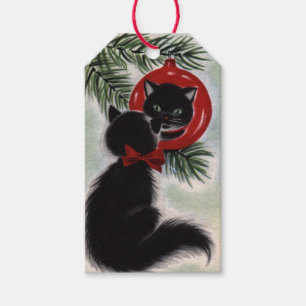 Étiquettes-cadeau Vintage Noël Chat Noir Regardant L'Ornement