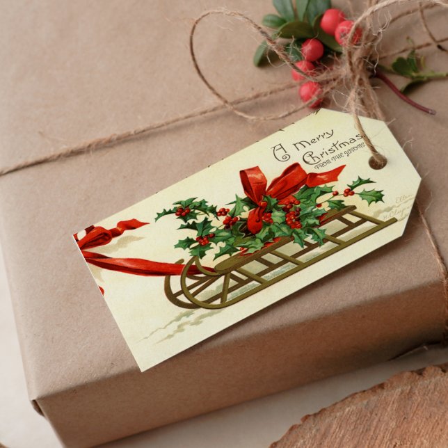 Étiquettes-cadeau Vintage Noël Sleigh salutations (Vintage Christmas Sleigh Greetings Gift Tag)