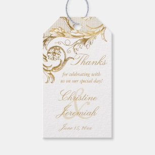 Étiquettes-cadeau Vintage or Floral Mariage damassé Merci