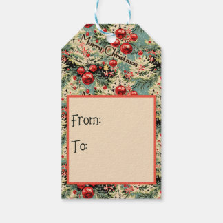 Étiquettes-cadeau Vintage Ornaments & Christmas Florals On Soft Blue