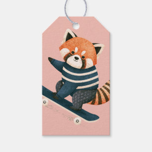 Étiquettes-cadeau Vintage Panda Roux Mignon Planche à Roulettes
