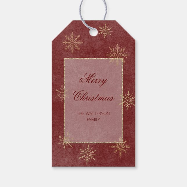 Étiquettes-cadeau Vintage Red & Gold Parties scintillant Snowflakes (Devant)