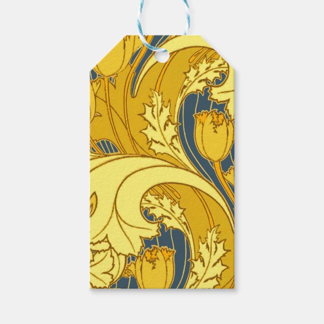 Étiquettes-cadeau Vintage Tulip Blue Gold Motif (Devant)
