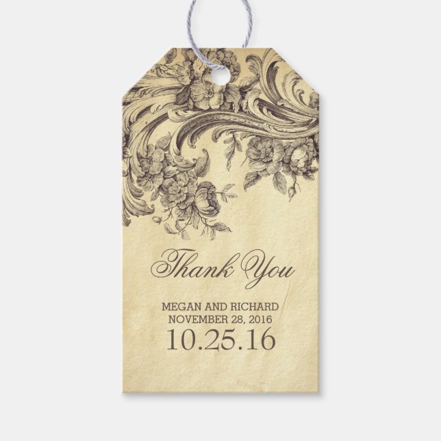 Étiquettes-cadeau Vintages Plats Chic Mariage Merci (Devant)