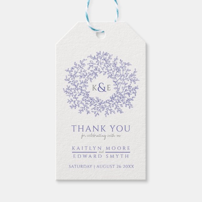 Étiquettes-cadeau Violet bleu feuille monogramme mariage faveur (Devant)