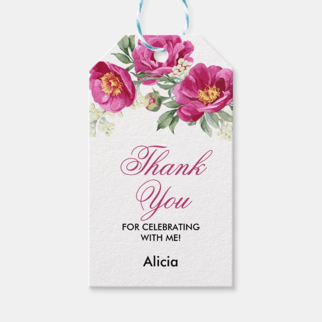 Étiquettes-cadeau Violet rouge Peony Merci de verdure fleurie (Devant)