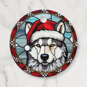 Étiquettes Cadeau Vitrail de Noël Chien de Traîneau Sibérien